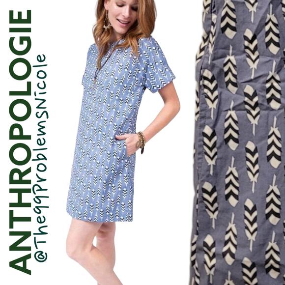 Anthropologie Feather Print Cotton Shift Dress with pockets - Picture 1 of 7